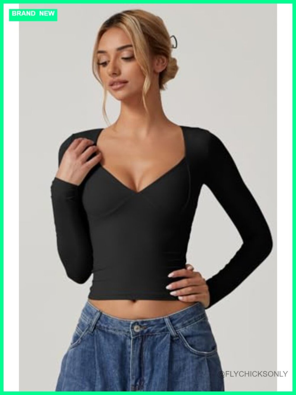 QINSEN Women's Long Sleeve V Neck Double Lined Crop Top Seamed Cup - Picture 4 of 5